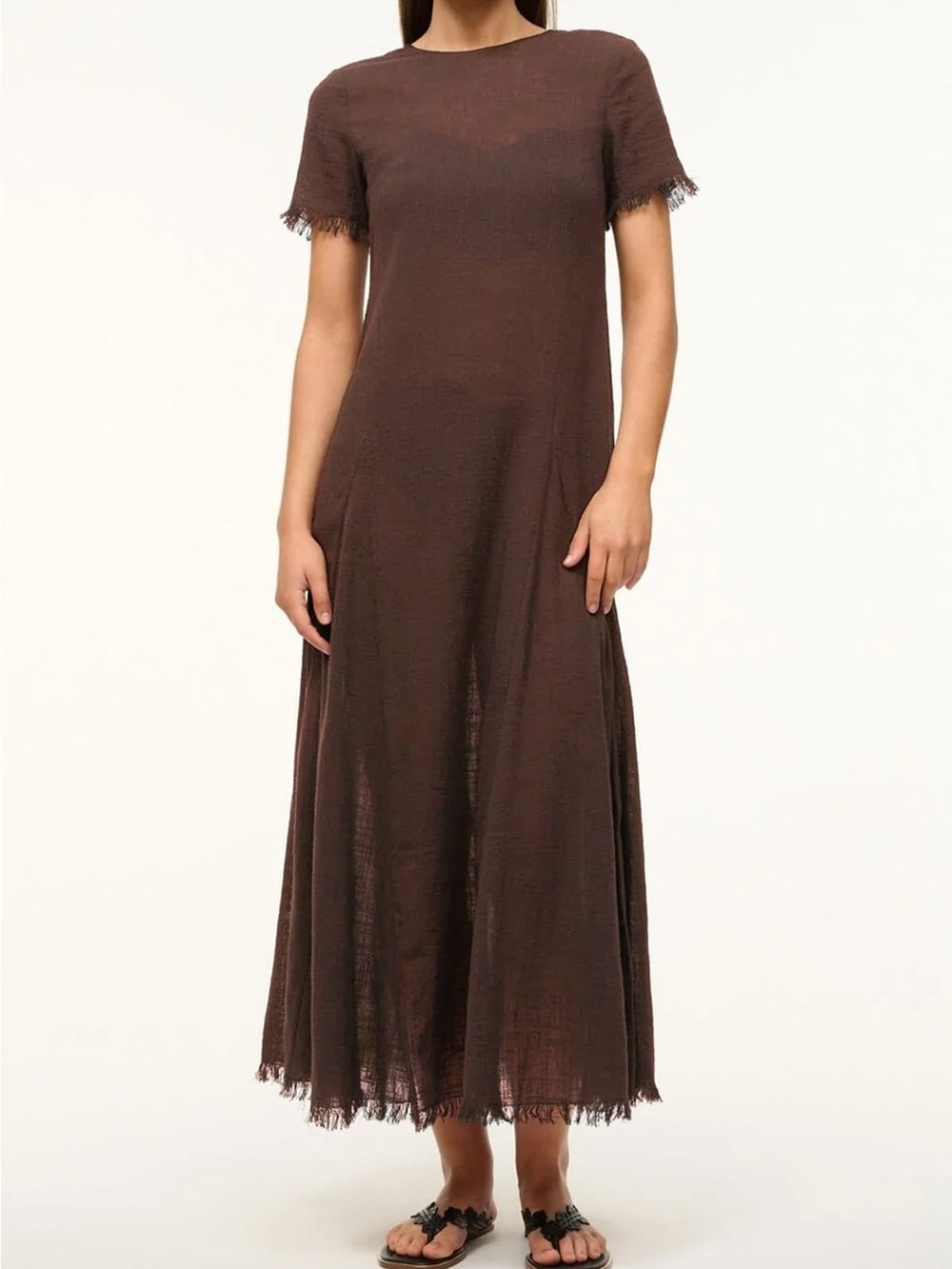 STAUD Brown Fringed Short-Sleeve Maxi Dress